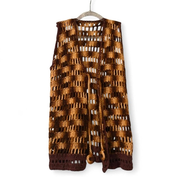 Jackets & Blazers - Brown and Tan Crochet Vest